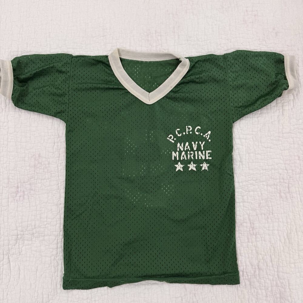 Vintage kids Feit Green/White Nylon Mesh Ringer V-Neck Graphic Print Tee Size S